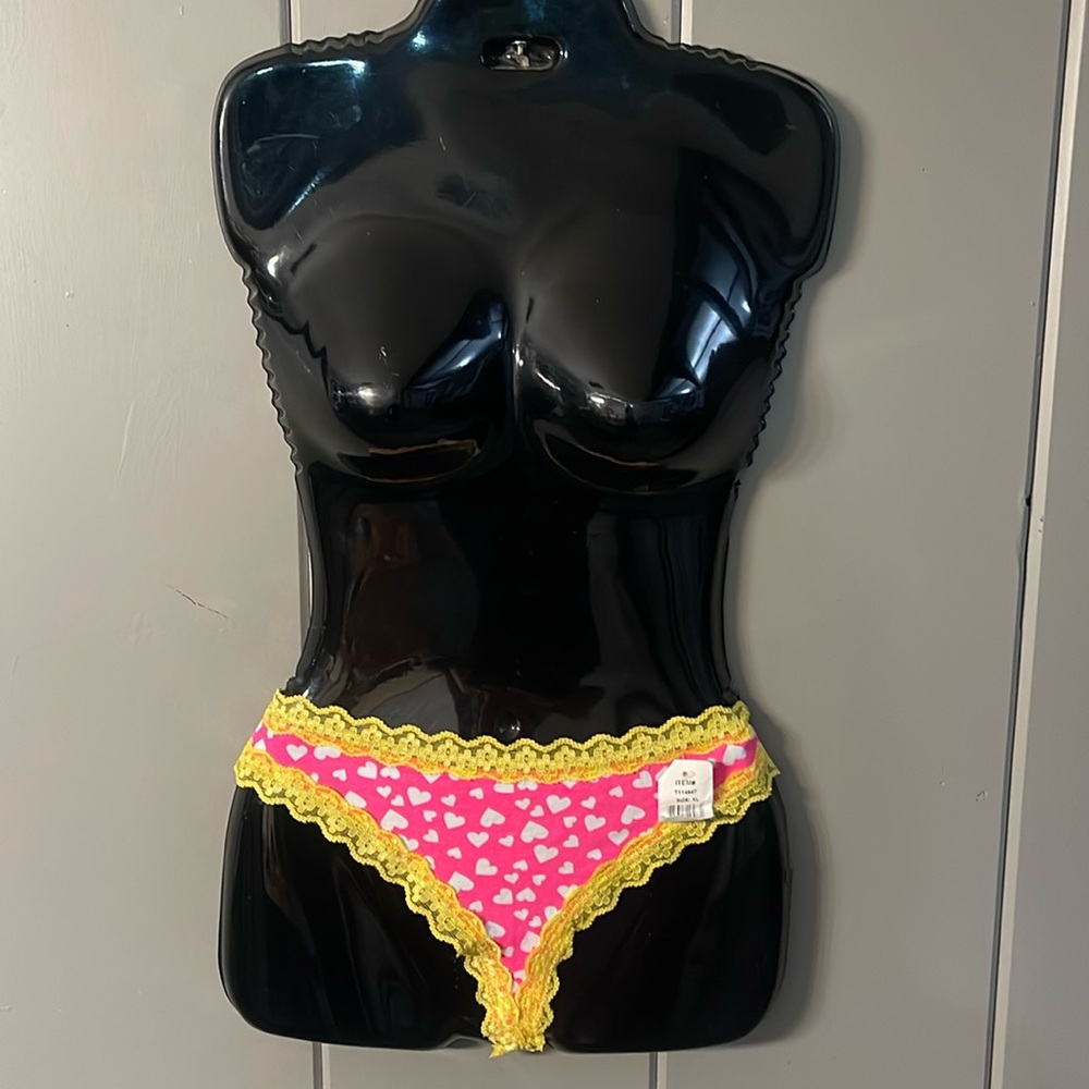 Vintage NWT Joe Boxer Thong Panty Cheeky Pink Heart Yellow Lace Whimsical Fairy